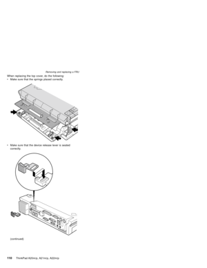 Page 116When replacing the top cover, do the following:
vMake sure that the springs placed correctly.
vMake sure that the device release lever is seated
correctly.
(continued)
Removing and replacing a FRU
11 0ThinkPad A20m/p, A21m/p, A22m/p 