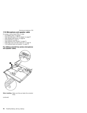 Page 841110 Microphone and speaker cable
For access, remove these FRUs, in order:
v“1010 Battery pack”on page 60
v“1050 Hard-disk drive or RF ID adapter”on page 67
v“1060 Ultrabay 2000 device”on page 69
v“1070 Keyboard”on page 71
v“1080 Keyboard CRU insulator”on page 74
v“1090 Hinge cover and clear sheet icon”on page 75
v“1100 Keyboard bezel and speaker”on page 76
For A20m/p and A21m/p series (microphone
and speaker cable)
When installing:Make sure that you fasten the connector
firmly.
(continued)
Removing and...