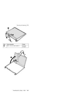 Page 1154
2
3
Step Screw (quantity) Torque
2M2.5×4.8 mm, nylon-coated (1) 39.2 Ncm
(4 kgfcm)
5
6
Removing and replacing a FRU
ThinkPad A21e, A22e, i 1800111 