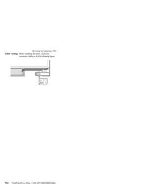 Page 116Cable routing:When installing the LCD, route the
connector cable as in the following figure:
Removing and replacing a FRU
11 2ThinkPad A21e, A22e, i 1800 (MT 2655/2663/2664) 