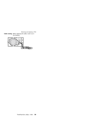 Page 63Cable routing:When replacing the cable, route it as in
this drawing:
Removing and replacing a FRU
ThinkPad A21e, A22e, i 180059 