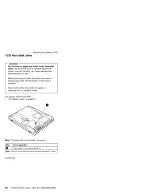 Page 641030 Hard-disk drive
AttentionDo not drop or apply any shock to the hard-disk
drive.The hard-disk drive is sensitive to physical
shock. Incorrect handling can cause damage and
permanent loss of data.
Before removing the drive, have the user make a
backup copy of all the information on the drive if
possible.
Never remove the drive while the system is
operating or is in suspend mode.
For access, remove this FRU:
v“1010 Battery pack”on page 57
1
Note:The hard disk is attached to the cover.
Step Screw...