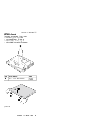 Page 711070 Keyboard
For access, remove these FRUs, in order:
v“1010 Battery pack”on page 57
v“1020 Backup battery”on page 58
v“1030 Hard-disk drive”on page 60
v“1060 Ultrabay 2000 device”on page 66
1
Step Screw (quantity) Torque
1M2.5×14 mm, nylon-coated (2) 39.2 Ncm
(4 kgfcm)
2
2
3
(continued)
Removing and replacing a FRU
ThinkPad A21e, A22e, i 180067 