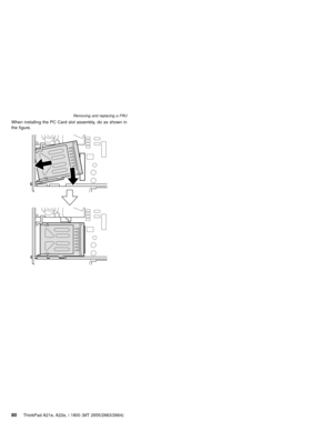 Page 84When installing the PC Card slot assembly, do as shown in
the figure.
Removing and replacing a FRU
80ThinkPad A21e, A22e, i 1800 (MT 2655/2663/2664) 