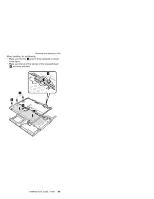 Page 89When installing, do as following;
vMake sure that thea-part is firmly attached as shown
in the figure.
vMake sure that all of the latches of the keyboard bezel
bare firmly attached.
a
b
b
b
b
Removing and replacing a FRU
ThinkPad A21e, A22e, i 180085 