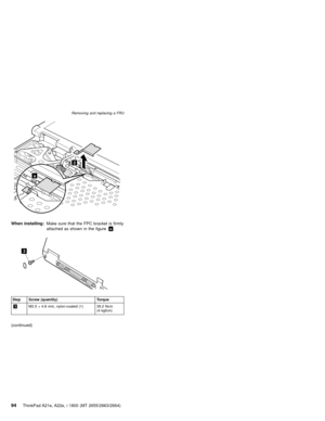 Page 982
a
When installing:Make sure that the FPC bracket is firmly
attached as shown in the figurea.
3
Step Screw (quantity) Torque
3M2.5×4.8 mm, nylon-coated (1) 39.2 Ncm
(4 kgfcm)
(continued)
Removing and replacing a FRU
94ThinkPad A21e, A22e, i 1800 (MT 2655/2663/2664) 