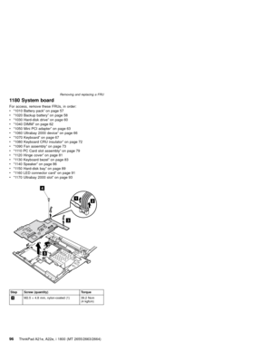 Page 1001180 System board
For access, remove these FRUs, in order:
v“1010 Battery pack”on page 57
v“1020 Backup battery”on page 58
v“1030 Hard-disk drive”on page 60
v“1040 DIMM”on page 62
v“1050 Mini PCI adapter”on page 63
v“1060 Ultrabay 2000 device”on page 66
v“1070 Keyboard”on page 67
v“1080 Keyboard CRU insulator”on page 72
v“1090 Fan assembly”on page 73
v“1110 PC Card slot assembly”on page 79
v“1120 Hinge cover”on page 81
v“1130 Keyboard bezel”on page 83
v“1140 Speaker”on page 86
v“1150 Hard-disk bay”on...