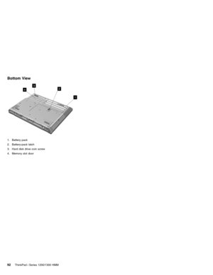 Page 102Bottom View
1 2
43
1. Battery pack
2. Battery-pack latch
3. Hard disk drive coin screw
4. Memory slot door
92ThinkPad i Series 1200/1300 HMM 