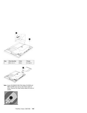Page 1531
2
Step Size (Quantity) Color Torque
1 M2.5 x 8L (1) Black 3.2 kgf-cm
3
Note:Some CD-ROM/CD-RW FRU (Delta CD-ROM and
KME CD-RW) have pick-up lens fixture sheet on
drives. Remove the sheet, before attach the drive to
system.
ThinkPad i Series 1200/1300143 