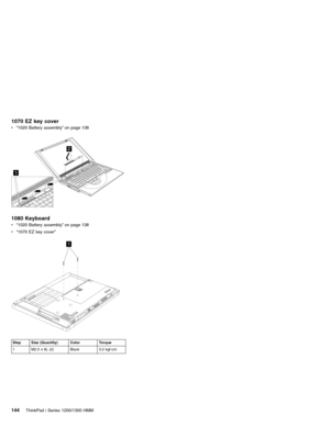 Page 1541070 EZ key cover
v“1020 Battery assembly”on page 138
1
2
1080 Keyboard
v“1020 Battery assembly”on page 138
v“1070 EZ key cover”
1
Step Size (Quantity) Color Torque
1 M2.5 x 8L (2) Black 3.2 kgf-cm
144ThinkPad i Series 1200/1300 HMM 