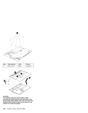 Page 1641
Step Size (Quantity) Color Torque
1 M2.5 x 8L (5) Black 3.2 kgf-cm
5
4
4
3
2
CAUTION:
The keyboard bezel has several latches. When
removing the keyboard bezel from the bottom cover,
gently release these latches, then raise the side of the
keyboard bezel facing the palm rest to remove it. Be
careful not to break the latches.
154ThinkPad i Series 1200/1300 HMM 