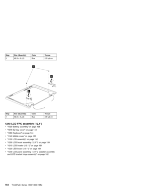 Page 174Step Size (Quantity) Color Torque
3 M2.5 x 5L (2) Blue 2.5 kgf-cm
5
6
6
Step Size (Quantity) Color Torque
4 M2.5 x 5L (2) Blue 2.5 kgf-cm
1240 LCD FPC assembly (12.1″)
v“1020 Battery assembly”on page 138
v“1070 EZ key cover”on page 144
v“1080 Keyboard”on page 144
v“1140 Middle cover”on page 150
v“1150 LCD assembly”on page 152
v“1200 LCD bezel assembly (12.1″)”on page 159
v“1210 LCD Inveter (12.1″)”on page 161
v“1220 LED board (12.1″)”on page 161
v“1230 LCD panel assembly (12.1″), speaker assembly
and LCD...
