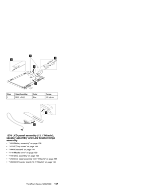 Page 1774
133
2
Step Size (Quantity) Color Torque
1 M2.5 x 5L(2) Blue 2.5 kgf-cm
5
4
1270 LCD panel assembly (12.1″/Hitachi),
speaker assembly and LCD bracket hinge
assembly
v“1020 Battery assembly”on page 138
v“1070 EZ key cover”on page 144
v“1080 Keyboard”on page 144
v“1140 Middle cover”on page 150
v“1150 LCD assembly”on page 152
v“1250 LCD bezel assembly (12.1″/Hitachi)”on page 165
v“1260 LED/Inverter board (12.1″/Hitachi)”on page 166
ThinkPad i Series 1200/1300
167 