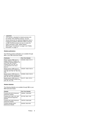 Page 5ImportantThis manual is intended for trained servicers who
are familiar with ThinkPad products. Use this
manual along with the advanced diagnostic tests to
troubleshoot problems effectively. Before servicing
an IBM ThinkPad product, be sure to review the
safety information under“Safety Notices
(Multi-lingual Translations)”on page 3 and“Safety
Information”on page 11.
Related publications
The following product publications are available through
IBM or your IBM Authorized Dealer.
Publication Part, Form...