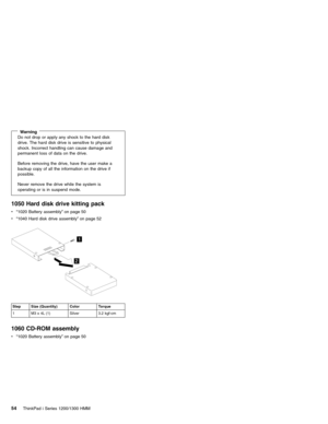 Page 64WarningDo not drop or apply any shock to the hard disk
drive. The hard disk drive is sensitive to physical
shock. Incorrect handling can cause damage and
permanent loss of data on the drive.
Before removing the drive, have the user make a
backup copy of all the information on the drive if
possible.
Never remove the drive while the system is
operating or is in suspend mode.
1050 Hard disk drive kitting pack
v“1020 Battery assembly”on page 50
v“1040 Hard disk drive assembly”on page 52
1
2
Step Size...