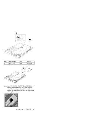 Page 651
2
Step Size (Quantity) Color Torque
1 M2.5 x 8L (1) Black 3.2 kgf-cm
3
Note:Some CD-ROM/CD-RW FRU (Delta CD-ROM and
KME CD-RW) has Pickup Lens Fixture sheet in
drive. After the drive is attached to the system,
remove this sheet. Do no put back this sheet in the
drive again.
ThinkPad i Series 1200/130055 
