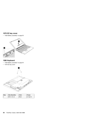 Page 661070 EZ key cover
v“1020 Battery assembly”on page 50
1
2
1080 Keyboard
v“1020 Battery assembly”on page 50
v“1070 EZ key cover”
1
Step Size (Quantity) Color Torque
1 M2.5 x 8L (2) Black 3.2 kgf-cm
56ThinkPad i Series 1200/1300 HMM 