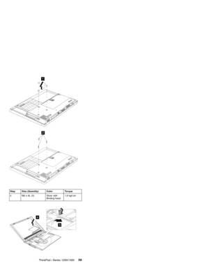 Page 691
2
Step Size (Quantity) Color Torque
2 M2 x 6L (3) Silver with
Binding head1.6 kgf-cm
4
3
ThinkPad i Series 1200/130059 