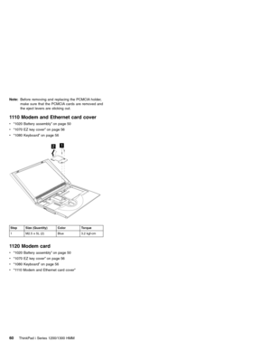 Page 70Note:Before removing and replacing the PCMCIA holder,
make sure that the PCMCIA cards are removed and
the eject levers are sticking out.
1110 Modem and Ethernet card cover
v“1020 Battery assembly”on page 50
v“1070 EZ key cover”on page 56
v“1080 Keyboard”on page 56
12
Step Size (Quantity) Color Torque
1 M2.5 x 5L (2) Blue 3.2 kgf-cm
1120 Modem card
v“1020 Battery assembly”on page 50
v“1070 EZ key cover”on page 56
v“1080 Keyboard”on page 56
v“1110 Modem and Ethernet card cover”
60ThinkPad i Series...