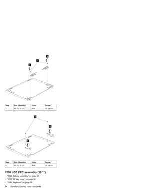 Page 843
4
4
Step Size (Quantity) Color Torque
3 M2.5 x 5L (2) Blue 2.5 kgf-cm
5
6
6
Step Size (Quantity) Color Torque
4 M2.5 x 5L (2) Blue 2.5 kgf-cm
1250 LCD FPC assembly (12.1″)
v“1020 Battery assembly”on page 50
v“1070 EZ key cover”on page 56
v“1080 Keyboard”on page 56
74ThinkPad i Series 1200/1300 HMM 