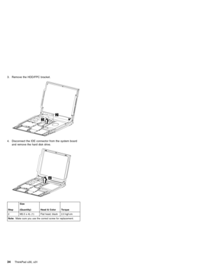 Page 383. Remove the HDD/FPC bracket.
4. Disconnect the IDE connector from the system board
and remove the hard disk drive.
StepSize
(Quantity) Head & Color Torque
2 M2.0 x 4L (1) Flat head, black 2.0 kgf-cm
Note:Make sure you use the correct screw for replacement.
34ThinkPad s30, s31 