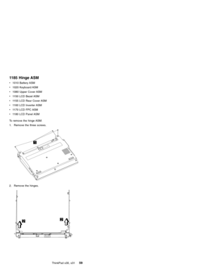 Page 631185 Hinge ASM
v1010 Battery ASM
v1020 Keyboard ASM
v1080 Upper Cover ASM
v1150 LCD Bezel ASM
v1155 LCD Rear Cover ASM
v1160 LCD Inverter ASM
v1170 LCD FPC ASM
v1180 LCD Panel ASM
To remove the hinge ASM:
1. Remove the three screws.
2. Remove the hinges.
ThinkPad s30, s3159 