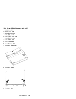 Page 651190 Hinge ASM (Wireless—s30 only)
v1010 Battery ASM
v1020 Keyboard ASM
v1080 Upper Cover ASM
v1150 LCD Bezel ASM
v1155 LCD Rear Cover ASM
v1160 LCD Inverter ASM
v1170 LCD FPC ASM
v1180 LCD Panel ASM
To remove the hinge ASM:
1. Remove the three screws.
2. Remove the hinges.
3. Remove the tape.
ThinkPad s30, s31
61 