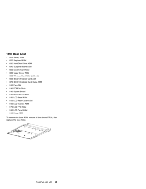 Page 671195 Base ASM
v1010 Battery ASM
v1020 Keyboard ASM
v1030 Hard Disk Drive ASM
v1040 Suspend Board ASM
v1050 Modem Card ASM
v1080 Upper Cover ASM
v1060 Wireless Card ASM (s30 only)
v1065 IEEE 1394/LAN Card ASM
v1070 IEEE 1394/LAN Card Cable ASM
v1100 Fan ASM
v1130 PCMCIA Slots
v1140 System Board
v1145 Power Board ASM
v1150 LCD Bezel ASM
v1155 LCD Rear Cover ASM
v1160 LCD Inverter ASM
v1170 LCD FPC ASM
v1180 LCD Panel ASM
v1185 Hinge ASM
To remove the base ASM remove all the above FRUs, then
replace the...