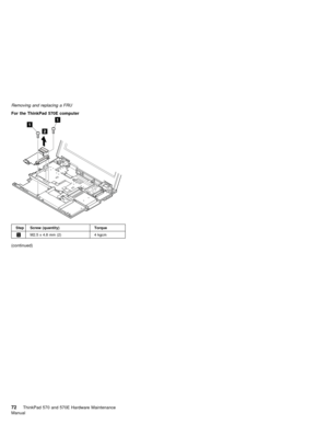 Page 76Removing and replacing a FRU
For the ThinkPad 570E computer
(continued)
StepScrew (quantity)Torque
1M2.5 x 4.8 mm (2)4 kgcm
72ThinkPad 570 and 570E Hardware Maintenance
Manual   