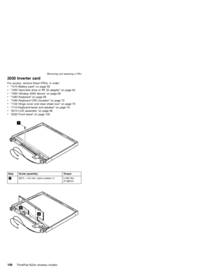 Page 1102030 Inverter card
For access, remove these FRUs, in order:
v“1010 Battery pack”on page 58
v“1050 Hard-disk drive or RF ID adapter”on page 64
v“1060 Ultrabay 2000 device”on page 66
v“1080 Keyboard”on page 69
v“1090 Keyboard CRU insulator”on page 72
v“1100 Hinge cover and clear sheet icon”on page 73
v“1110 Keyboard bezel and speaker”on page 74
v“2010 LCD assembly”on page 99
v“2020 Front bezel”on page 105
1
Step Screw (quantity) Torque
1M2.5×4.8 mm, nylon-coated (1) 0.392 Nm
(4 kgfcm)
2
3
Removing and...