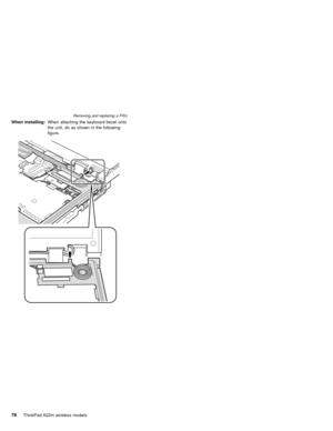 Page 80When installing:When attaching the keyboard bezel onto
the unit, do as shown in the following
figure.
Removing and replacing a FRU
76ThinkPad A22m wireless models 