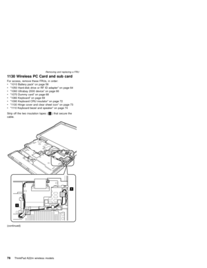 Page 821130 Wireless PC Card and sub card
For access, remove these FRUs, in order:
v“1010 Battery pack”on page 58
v“1050 Hard-disk drive or RF ID adapter”on page 64
v“1060 Ultrabay 2000 device”on page 66
v“1070 Dummy card”on page 68
v“1080 Keyboard”on page 69
v“1090 Keyboard CRU insulator”on page 72
v“1100 Hinge cover and clear sheet icon”on page 73
v“1110 Keyboard bezel and speaker”on page 74
Strip off the two insulation tapes (1) that secure the
cable.
1
1
(continued)
Removing and replacing a FRU
78ThinkPad...