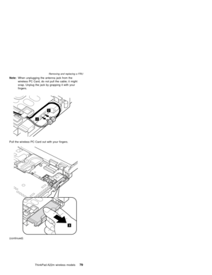 Page 83Note:When unplugging the antenna jack from the
wireless PC Card, do not pull the cable; it might
snap. Unplug the jack by grapping it with your
fingers.
2
2
Pull the wireless PC Card out with your fingers.
3
(continued)
Removing and replacing a FRU
ThinkPad A22m wireless models79 