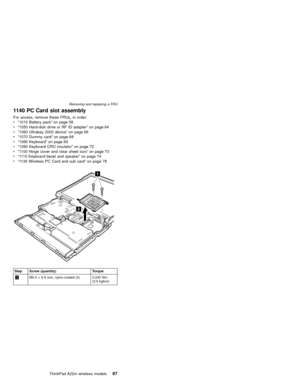 Page 911140 PC Card slot assembly
For access, remove these FRUs, in order:
v“1010 Battery pack”on page 58
v“1050 Hard-disk drive or RF ID adapter”on page 64
v“1060 Ultrabay 2000 device”on page 66
v“1070 Dummy card”on page 68
v“1080 Keyboard”on page 69
v“1090 Keyboard CRU insulator”on page 72
v“1100 Hinge cover and clear sheet icon”on page 73
v“1110 Keyboard bezel and speaker”on page 74
v“1130 Wireless PC Card and sub card”on page 78
1
2
Step Screw (quantity) Torque
1M2.0×9.5 mm, nylon-coated (2) 0.245 Nm
(2.5...