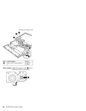 Page 943
22
2
Step Screw (quantity) Torque
2M2.5×4.8 mm, nylon-coated (5) 0.392 Nm
(4 kgfcm)
When installing:Apply thermal grease on thea-part of
the fan assembly as in this figure.
a
Removing and replacing a FRU
90ThinkPad A22m wireless models 