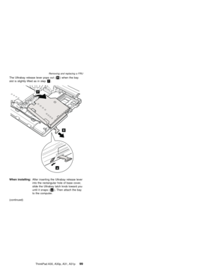 Page 103The Ultrabay release lever pops out (8) when the bay
slot is slightly lifted as in step7.
7
8
a
When installing:After inserting the Ultrabay release lever
into the rectangular hole of base cover,
slide the Ultrabay latch knob toward you
until it snaps (a). Then attach the bay
to the computer.
(continued)
Removing and replacing a FRU
ThinkPad A30, A30p, A31, A31p99 