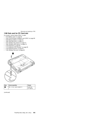 Page 1091180 Sub card for PC Card slot
For access, remove these FRUs, in order:
v“1010 Battery pack”on page 62
v“1030 Communication daughter card (CDC)”on page 66
v“1040 Backup battery”on page 73
v“1060 Hard-disk drive”on page 75
v“1070 Ultrabay Plus device”on page 77
v“1080 Ultrabay 2000 device”on page 78
v“1100 Keyboard”on page 80
v“1110 Keyboard CRU insulator”on page 85
v“1120 Keyboard bezel”on page 87
v“1160 Ultrabay Plus slot”on page 96
1
Step Screw (quantity) Torque
1M2×9 mm, nylon-coated (1) 0.245 Nm...