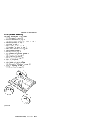 Page 1231230 Speaker assembly
For access, remove these FRUs, in order:
v“1010 Battery pack”on page 62
v“1020 Mini PCI adapter”on page 63
v“1030 Communication daughter card (CDC)”on page 66
v“1040 Backup battery”on page 73
v“1050 DIMM”on page 74
v“1060 Hard-disk drive”on page 75
v“1070 Ultrabay Plus device”on page 77
v“1080 Ultrabay 2000 device”on page 78
v“1090 I/O plate”on page 79
v“1100 Keyboard”on page 80
v“1110 Keyboard CRU insulator”on page 85
v“1120 Keyboard bezel”on page 87
v“1130 Hinge cover”on page 91...