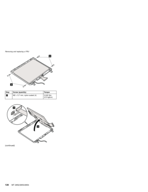 Page 1322
2
Step Screw (quantity) Torque
2M2×5.7 mm, nylon-coated (4) 0.245 Nm
(2.5 kgfcm)
4
3
(continued)
Removing and replacing a FRU
128MT 2652/2653/2654 