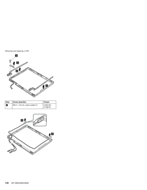 Page 1364
3
4
2
Step Screw (quantity) Torque
2M2.5×4.8 mm, nylon-coated (1) 0.392 Nm
(4 kgfcm)
5
5
Removing and replacing a FRU
132MT 2652/2653/2654 