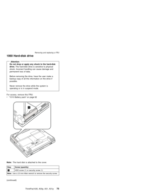 Page 791060 Hard-disk drive
AttentionDo not drop or apply any shock to the hard-disk
drive.The hard-disk drive is sensitive to physical
shock. Incorrect handling can cause damage and
permanent loss of data.
Before removing the drive, have the user make a
backup copy of all the information on the drive if
possible.
Never remove the drive while the system is
operating or is in suspend mode.
For access, remove this FRU:
v“1010 Battery pack”on page 62
1
Note:The hard disk is attached to the cover.
Step Screw...