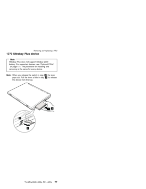 Page 811070 Ultrabay Plus device
NoteUltrabay Plus does not support Ultrabay 2000
battery. For supported devices, see“Optional FRUs”
on page 177. The procedure for installing and
removing is the same for every device.
Note:When you release the switch in step1the lever
pops out. Pull the lever a little in step2to release
the device from the bay.
1
2
3
Removing and replacing a FRU
ThinkPad A30, A30p, A31, A31p77 