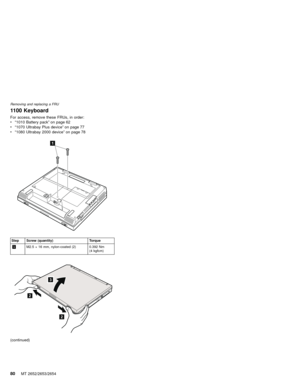 Page 841100 Keyboard
For access, remove these FRUs, in order:
v“1010 Battery pack”on page 62
v“1070 Ultrabay Plus device”on page 77
v“1080 Ultrabay 2000 device”on page 78
1
Step Screw (quantity) Torque
1M2.5×16 mm, nylon-coated (2) 0.392 Nm
(4 kgfcm)
2
2
3
(continued)
Removing and replacing a FRU
80MT 2652/2653/2654 