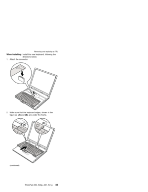 Page 87When installing:Install the new keyboard, following the
directions below.
1. Attach the connector.
2. Make sure that the keyboard edges, shown in the
figure as(A)and(B), are under the frame.
(A)(B)
(continued)
Removing and replacing a FRU
ThinkPad A30, A30p, A31, A31p83 
