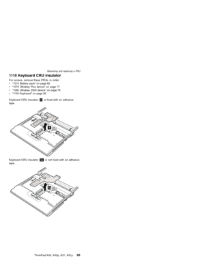 Page 891110 Keyboard CRU insulator
For access, remove these FRUs, in order:
v“1010 Battery pack”on page 62
v“1070 Ultrabay Plus device”on page 77
v“1080 Ultrabay 2000 device”on page 78
v“1100 Keyboard”on page 80
Keyboard CRU insulator1is fixed with an adhesive
tape.
1
Keyboard CRU insulator1ais not fixed with an adhesive
tape.
1a
Removing and replacing a FRU
ThinkPad A30, A30p, A31, A31p85 