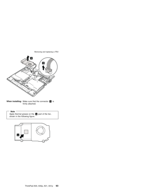 Page 974
5
When installing:Make sure that the connector5is
firmly attached.
NoteApply thermal grease on thea-part of the fan,
shown in the following figure.
a
Removing and replacing a FRU
ThinkPad A30, A30p, A31, A31p93 