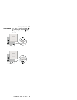 Page 99When installing:Place the CPU on the CPU socket (1),
and then rotate the head of the screw
(A) in the direction of arrow2to lock
the CPU.
1
2
A
2
A
1
Removing and replacing a FRU
ThinkPad A30, A30p, A31, A31p95 