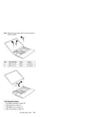 Page 123Note:Release the gray cable, which is the main antenna
from the system.
4
4
5
Step Size (Quantity) Color Torque
4 M2.5 x L10 (4) Black 3.6 kgf-cm
5 M2.5 x L5 (1) Silver 2.5 kgf-cm
6
1100 Keyboard bezel
v“1010 Battery assembly”on page 108
v“1060 Keyboard”on page 112
v“1080 Middle cover”on page 114
v“1090 LCD assembly”on page 116
MT 2656, 2657, 2676
11 7 