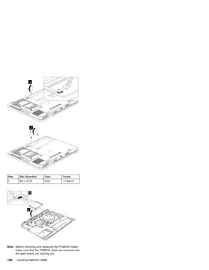 Page 1261
2
Step Size (Quantity) Color Torque
2 M2 x L6 (3) Silver 1.6 kgf-cm
3
4
Note:Before removing and replacing the PCMCIA holder,
make sure that the PCMCIA cards are removed and
the eject levers are sticking out.
120ThinkPad R30/R31 HMM 