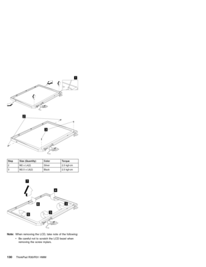 Page 1361
2
3
Step Size (Quantity) Color Torque
2 M2 x L4(2) Silver 2.5 kgf-cm
3 M2.5 x L6(2) Black 2.5 kgf-cm
3
4
5
6
7
3
Note:When removing the LCD, take note of the following:
vBe careful not to scratch the LCD bezel when
removing the screw mylars.
130ThinkPad R30/R31 HMM 